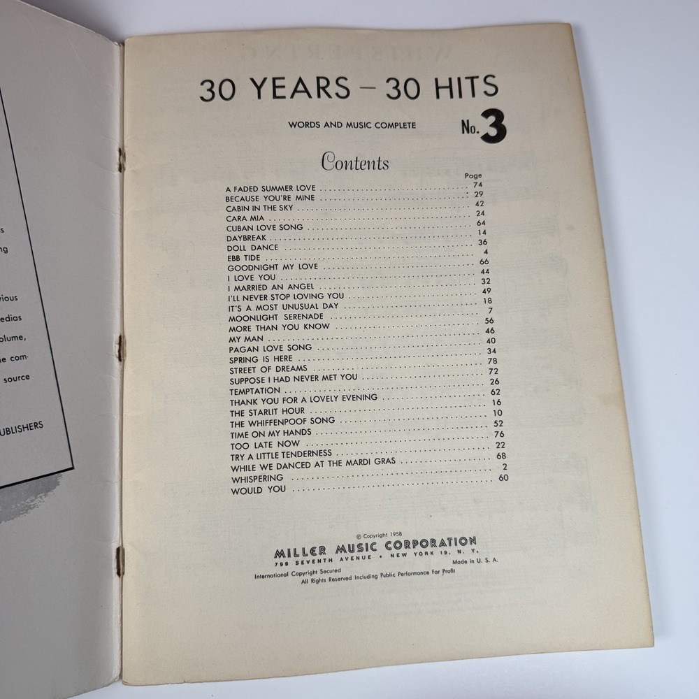 30 Years 30 Hits No‎ 3 Piano Music Songbook Songs Vintage 1958 Miller Music Corp - Picture 3 of 4